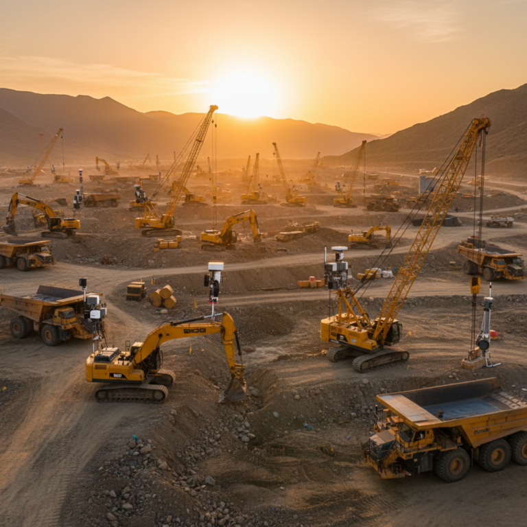 Wide view of a busy job site with cranes and excavators demonstrating professional construction equipment tracking systems.