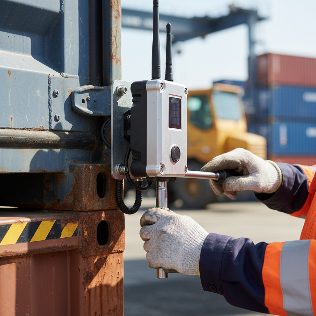 Close up of a technician installing a tracking device on a shipping unit for enhanced container visibility solutions.