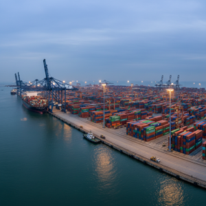 Wide panoramic view of a busy shipping port terminal at dusk showcasing modern container visibility solutions at scale.