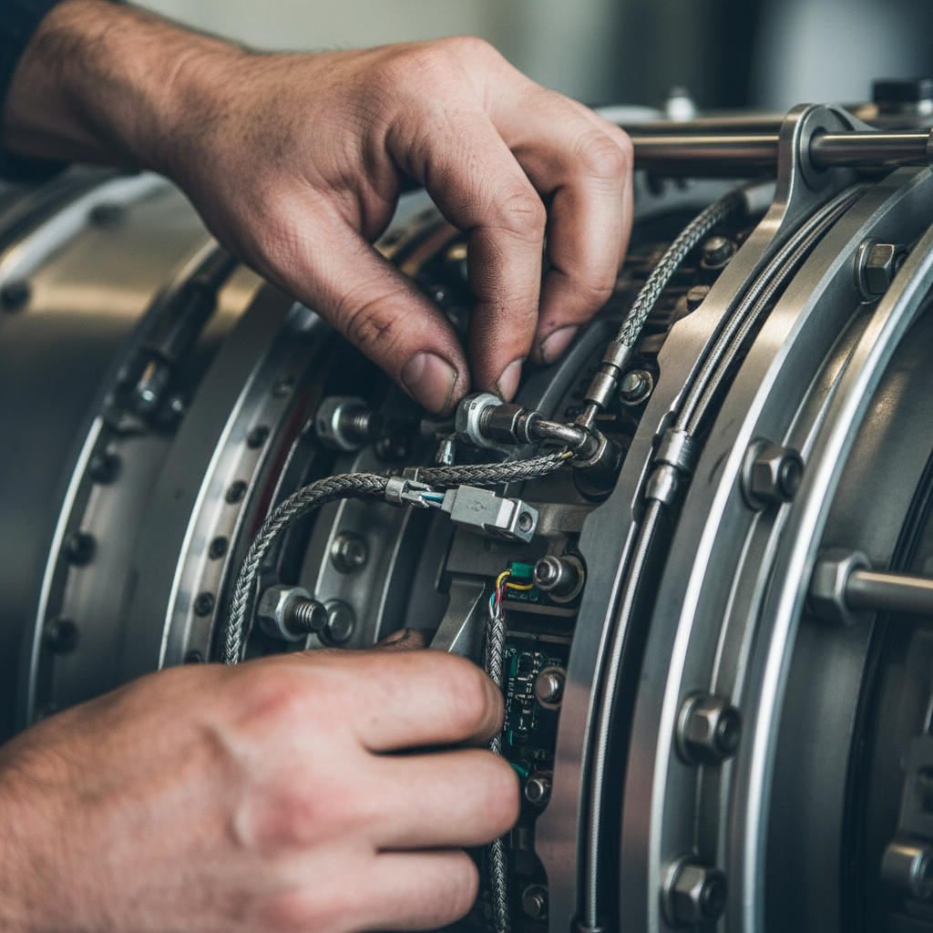 Close up of a mechanic repairing a jet engine turbine part to reduce the cost of aircraft maintenance delays for airlines.