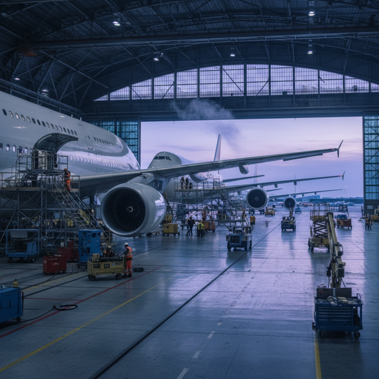 Grounded airplanes in a large hangar during night shifts showing the high cost of aircraft maintenance delays in aviation.