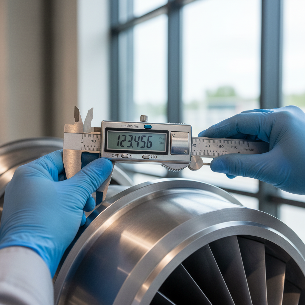 Close up of a technician using digital tools for digital transformation in aerospace manufacturing on engine components.