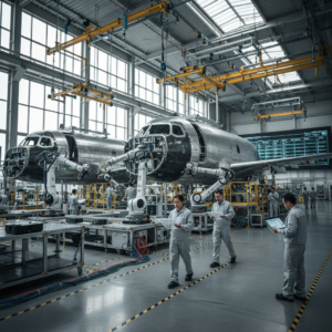 Wide view of a smart factory floor showing digital transformation in aerospace manufacturing with robots and aircraft parts.