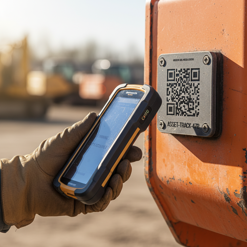 Close up of a technician scanning a digital barcode for enterprise asset tracking on heavy industrial equipment.