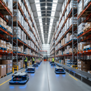 Wide view of a busy industrial warehouse showing scale for enterprise asset tracking systems in a modern facility.