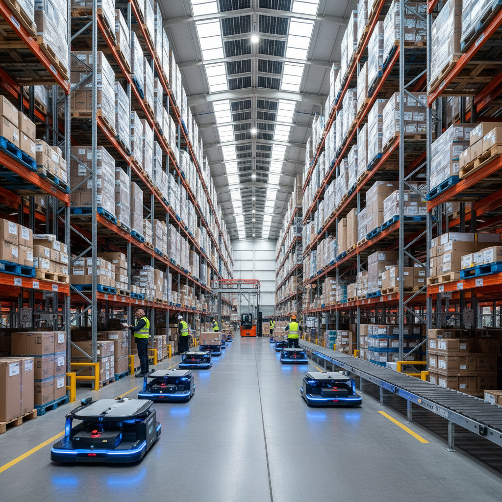 Wide view of a busy industrial warehouse showing scale for enterprise asset tracking systems in a modern facility.