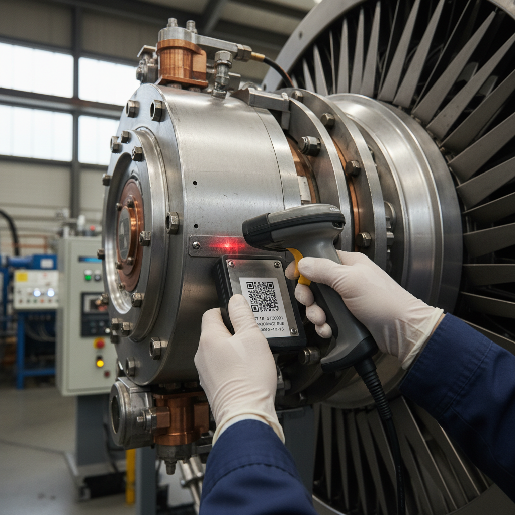 Close up of a technician scanning a barcode on machinery as part of a fixed asset management tracking procedure.