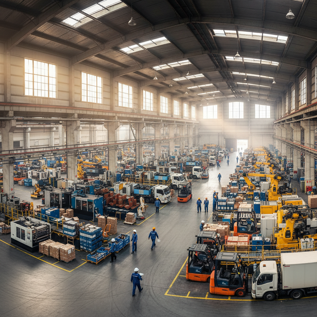 Wide view of an industrial plant showing equipment scale for effective fixed asset management in a bright warehouse.