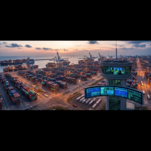 Wide view of a busy cargo port at sunset illustrating fleet monitoring for shipping companies at a global scale.