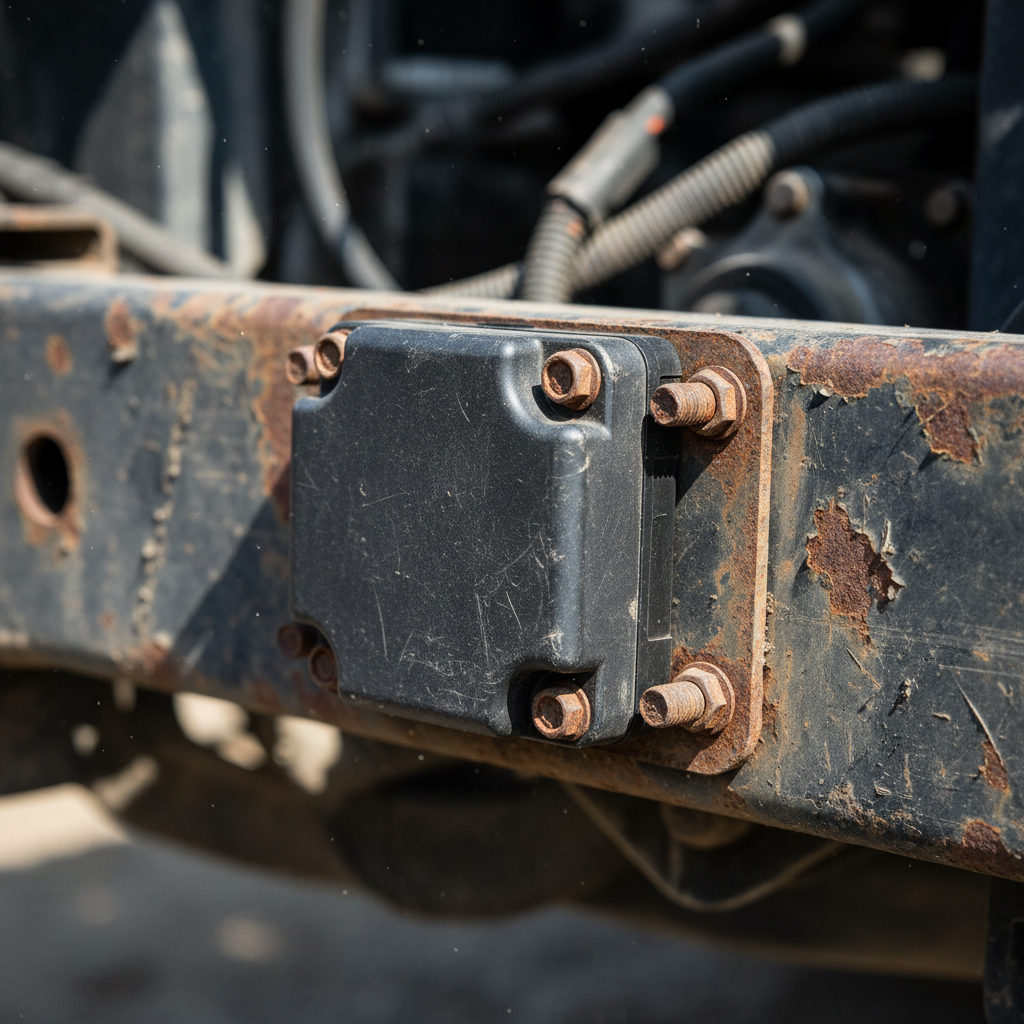 A close up shot of a durable gps asset tracker with long battery life mounted on industrial equipment outdoors.