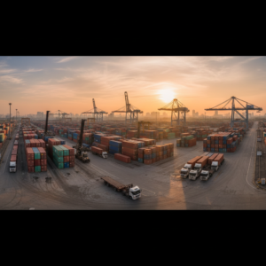 Wide view of a shipping terminal representing the scale of a gps asset tracker with long battery life in logistics.