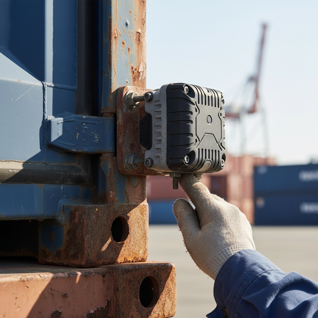 Close up of a rugged electronic device used for gps tracking for containers mounted on a steel shipping unit.