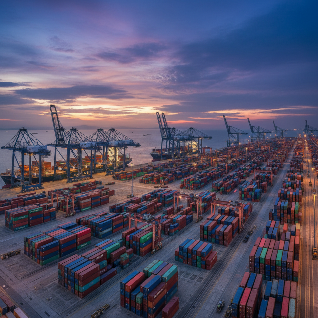 Vast shipping terminal at dusk showing global logistics infrastructure and gps tracking for containers across the port.