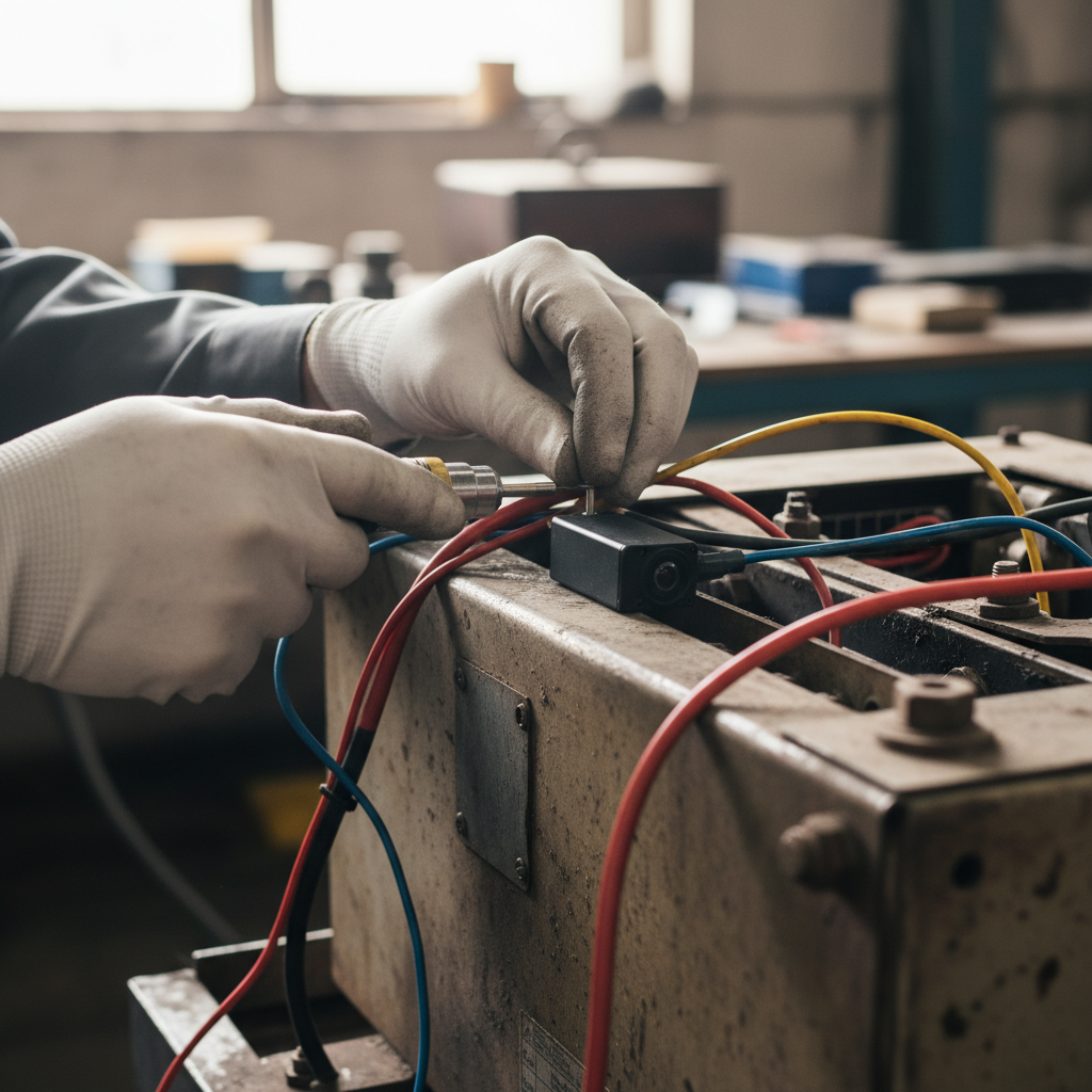 Close up of a technician installing a device for gps tracking for equipment on a heavy industrial machine.