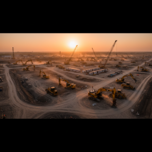 Wide view of a construction site fleet illustrating the scale of gps tracking for equipment in a large industry.