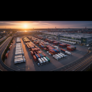 Wide view of a busy shipping terminal during sunset illustrating the infrastructure for gps vs rfid tracking systems.
