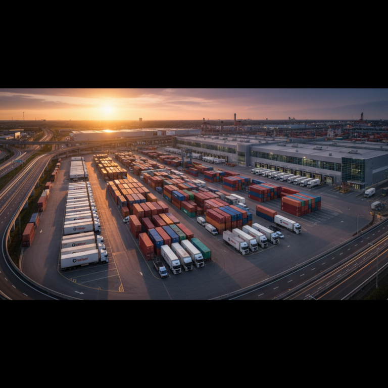 Wide view of a busy shipping terminal during sunset illustrating the infrastructure for gps vs rfid tracking systems.