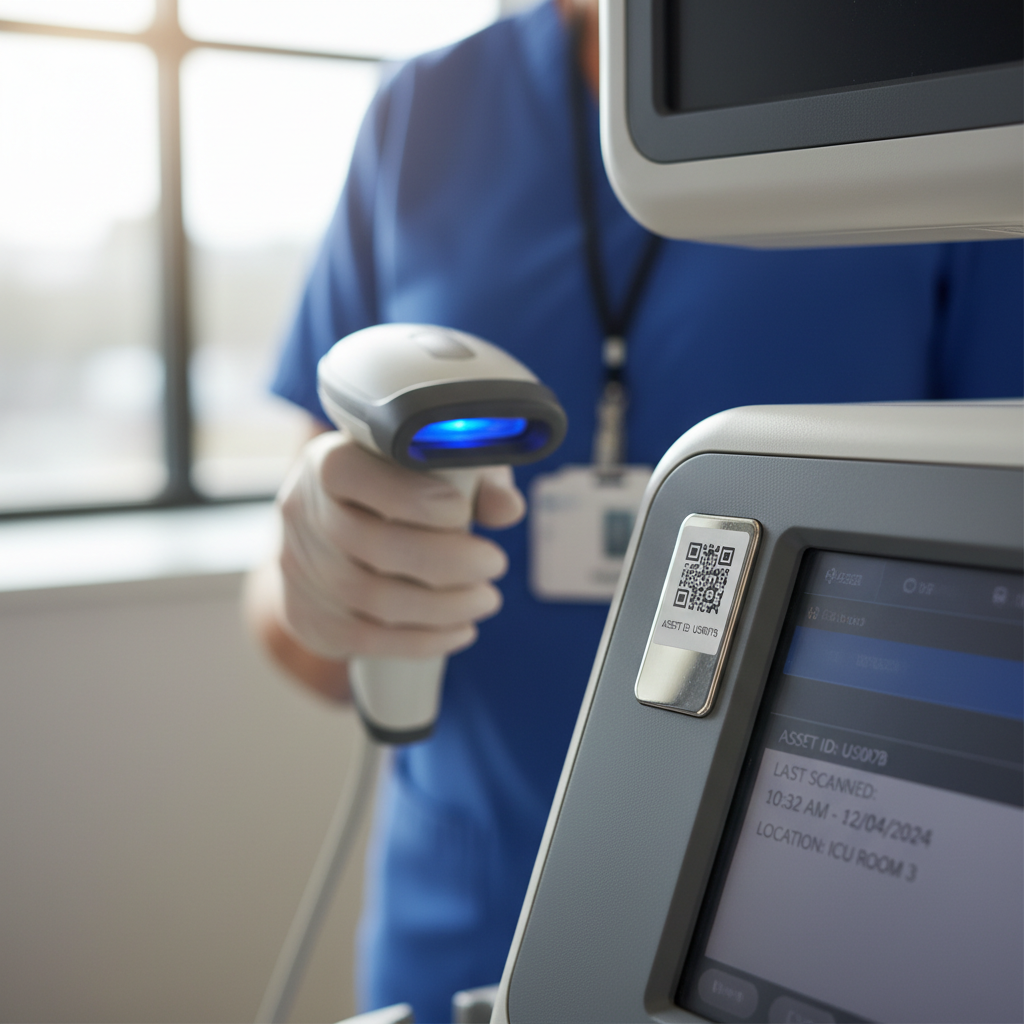 Close up of a medical professional scanning a digital tag for healthcare asset tracking on a portable machine.