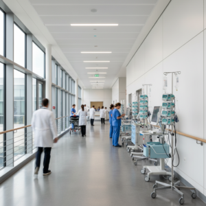 Wide view of a busy hospital corridor showing medical equipment managed through healthcare asset tracking systems.