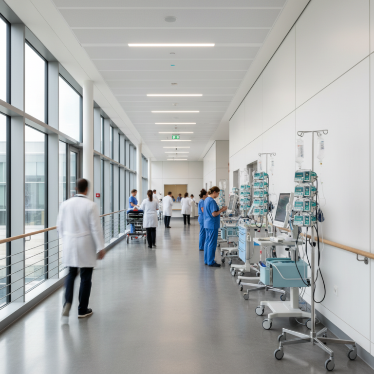 Wide view of a busy hospital corridor showing medical equipment managed through healthcare asset tracking systems.