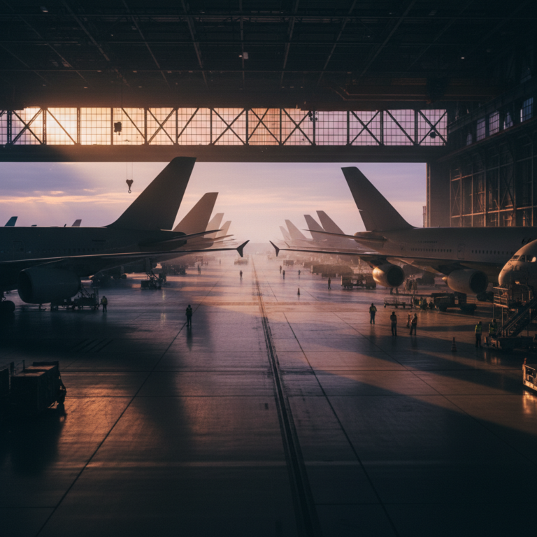 Wide view of grounded planes in a hangar showing the hidden costs of lost aviation assets through idle fleet scale.