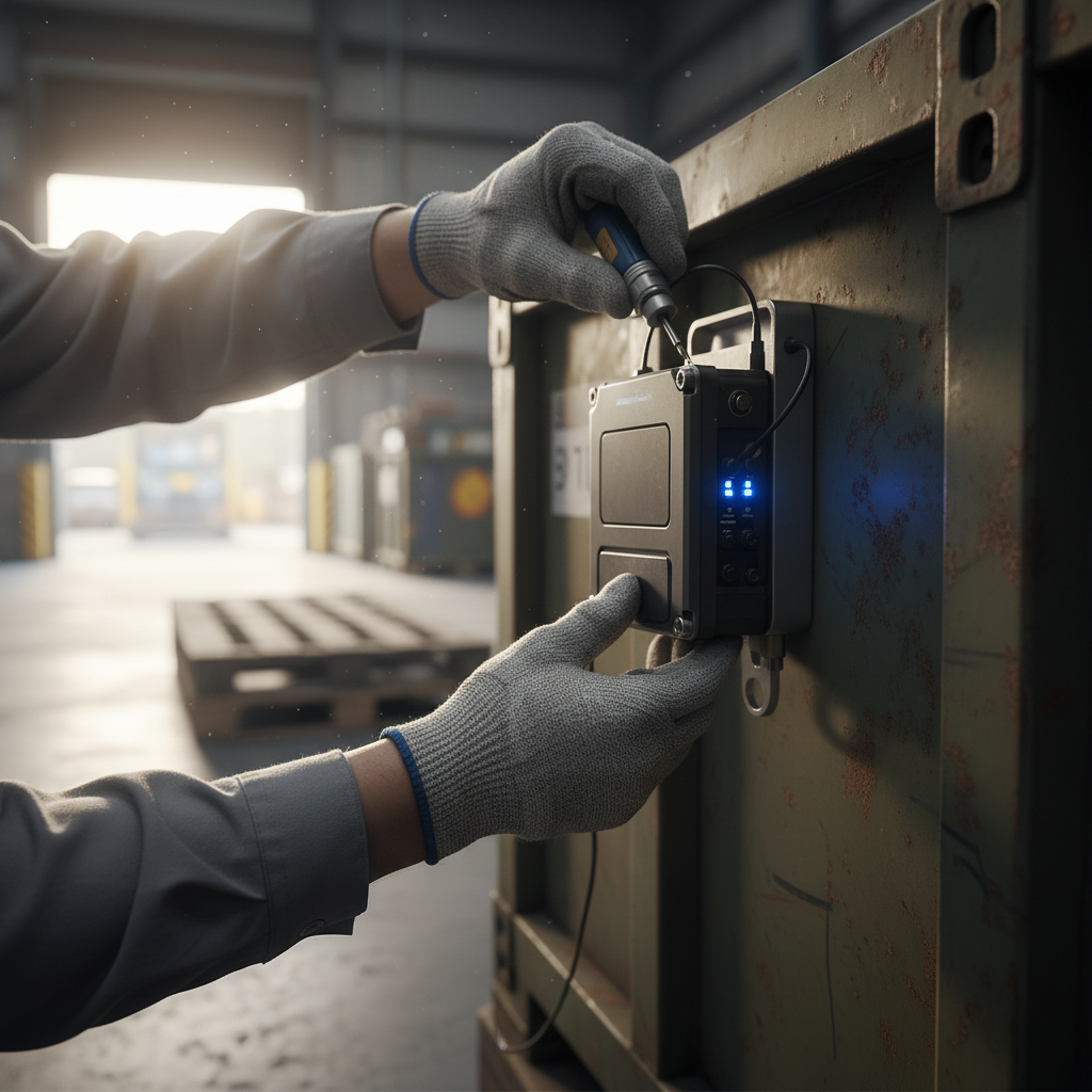 Detailed close-up of a security device being installed for high-value cargo monitoring on a shipping crate.
