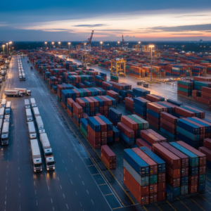 Wide view of a busy logistics terminal showing containers and trucks for global high-value cargo monitoring services.