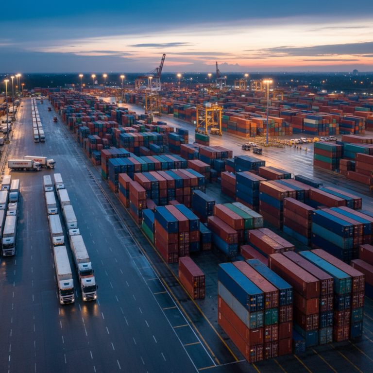Wide view of a busy logistics terminal showing containers and trucks for global high-value cargo monitoring services.