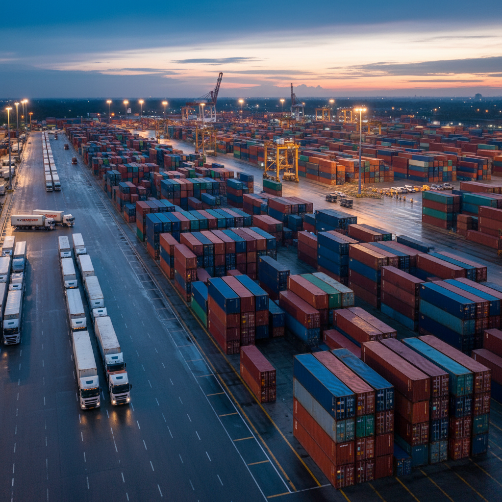 Wide view of a busy logistics terminal showing containers and trucks for global high-value cargo monitoring services.
