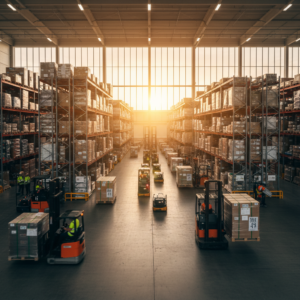 Wide view of a busy warehouse showing scale for businesses asking how much does asset tracking cost in logistics.