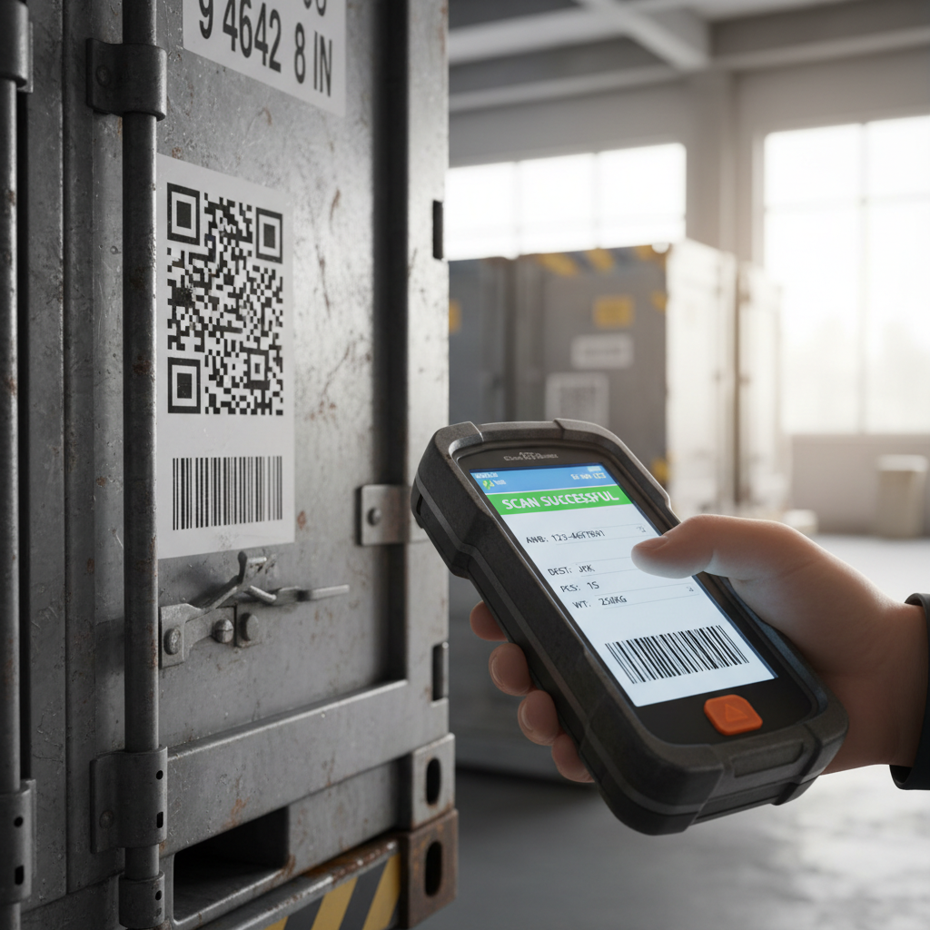 A close up of a worker scanning a shipping label for iata cargo tracking on a silver air freight container.