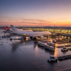 Wide view of an airport terminal with freight planes and containers to illustrate global iata cargo tracking systems.
