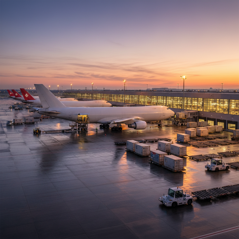 Wide view of an airport terminal with freight planes and containers to illustrate global iata cargo tracking systems.