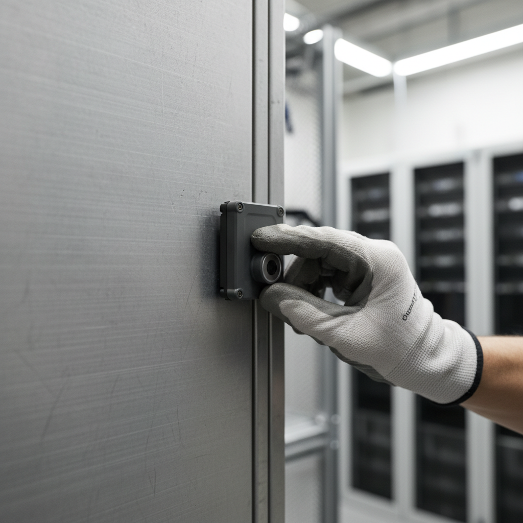 Close up of an electronic sensor tag showcasing indoor asset tracking technologies on industrial equipment in a workspace.