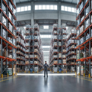 Vast modern warehouse with an operator using indoor asset tracking technologies to manage logistics and inventory scale.