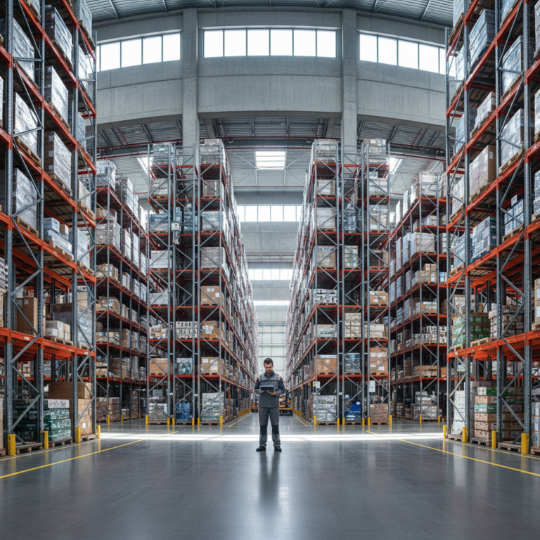 Vast modern warehouse with an operator using indoor asset tracking technologies to manage logistics and inventory scale.
