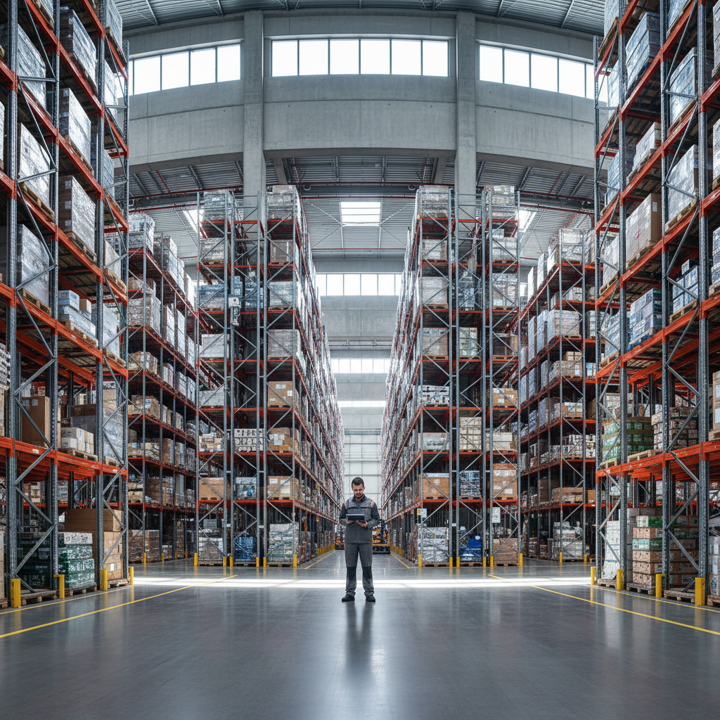 Vast modern warehouse with an operator using indoor asset tracking technologies to manage logistics and inventory scale.
