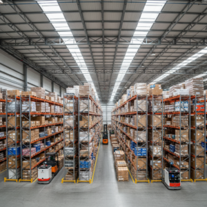 Wide view of a modern warehouse showing scale and inventory visibility solutions through organized industrial shelving.