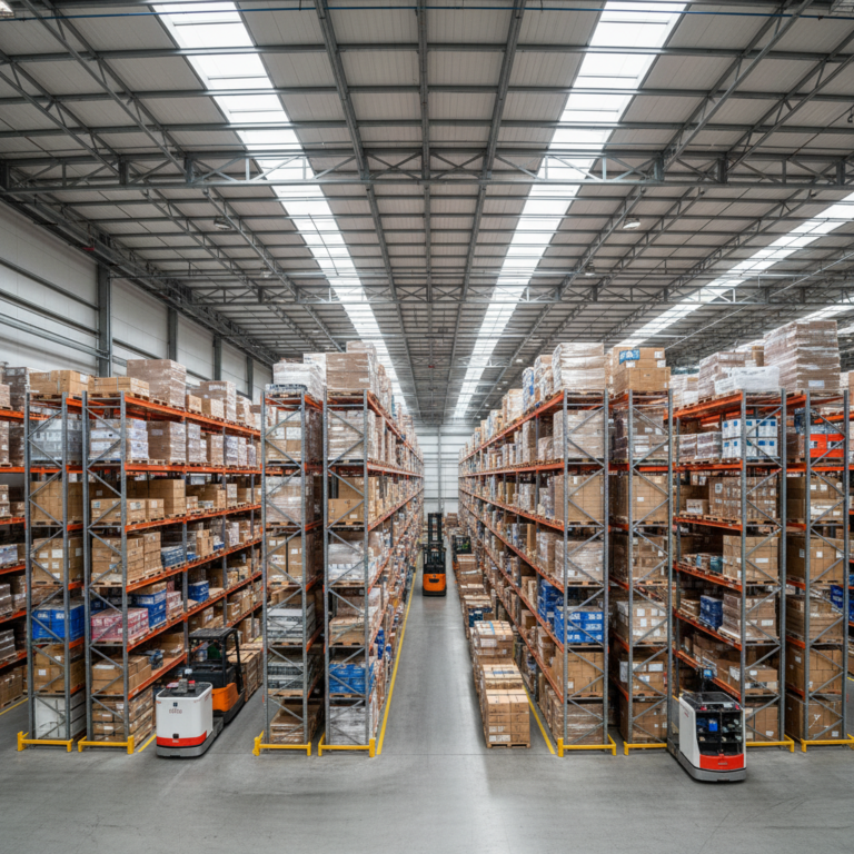 Wide view of a modern warehouse showing scale and inventory visibility solutions through organized industrial shelving.