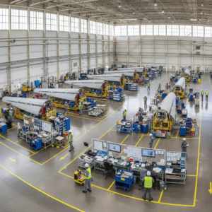 Wide view of an organized aircraft assembly line showing lean manufacturing in aerospace with wings and floor markings.