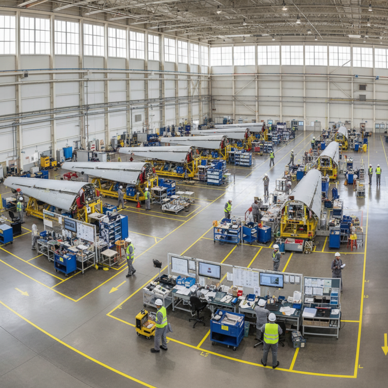 Wide view of an organized aircraft assembly line showing lean manufacturing in aerospace with wings and floor markings.