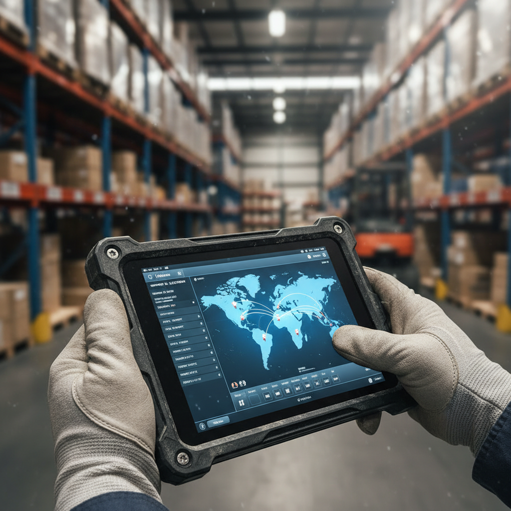 Close up of a warehouse tablet showing real time data tracking on a logistics visibility platform interface.