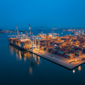 Wide panoramic view of a busy shipping port at night representing a global logistics visibility platform scale.