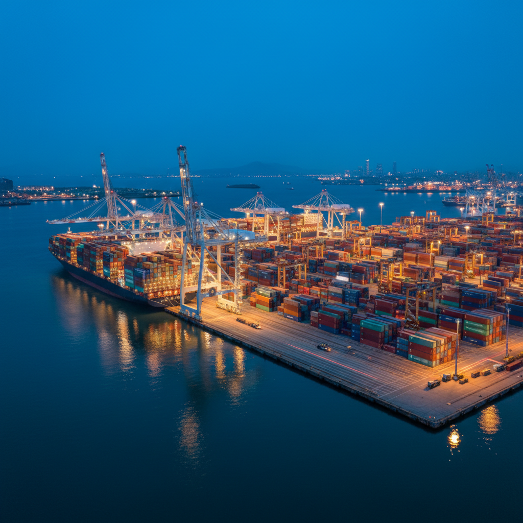 Wide panoramic view of a busy shipping port at night representing a global logistics visibility platform scale.