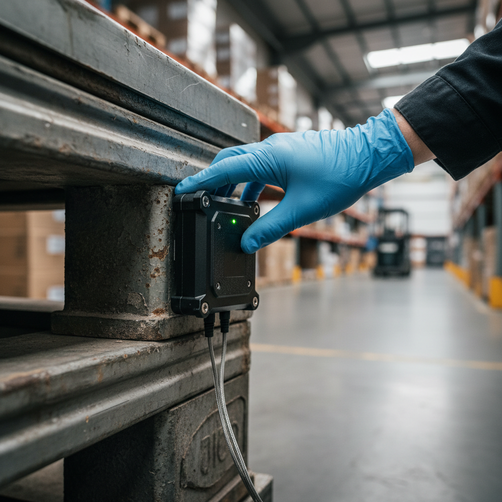 Close up of a technician installing a smart sensor device for lpwan asset tracking on an industrial pallet.