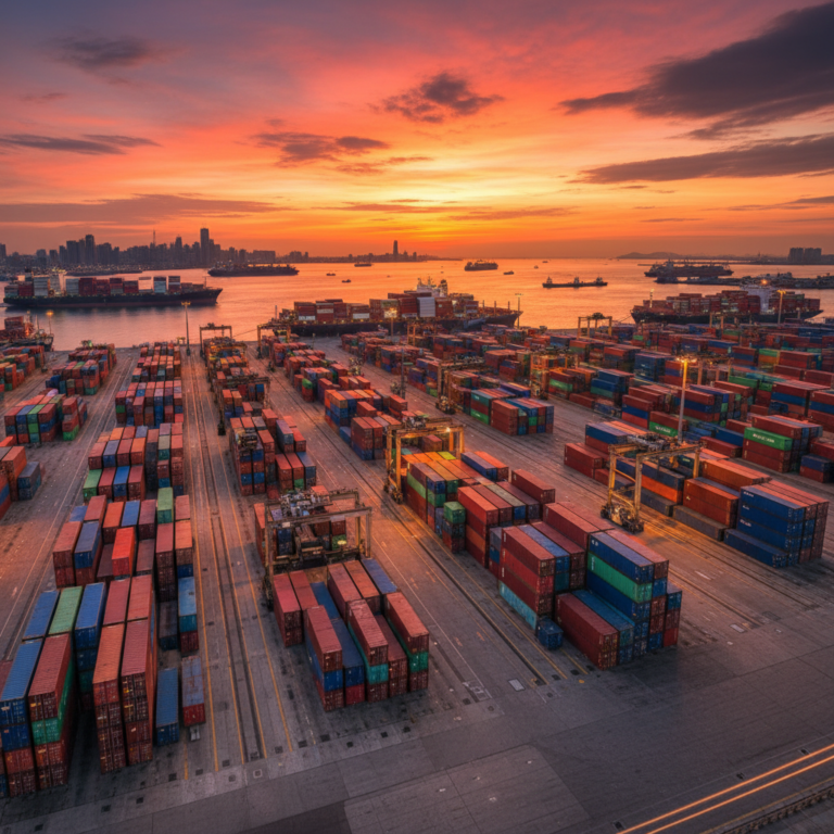 Wide view of a shipping port at sunset showing large scale operations for lpwan asset tracking in logistics.