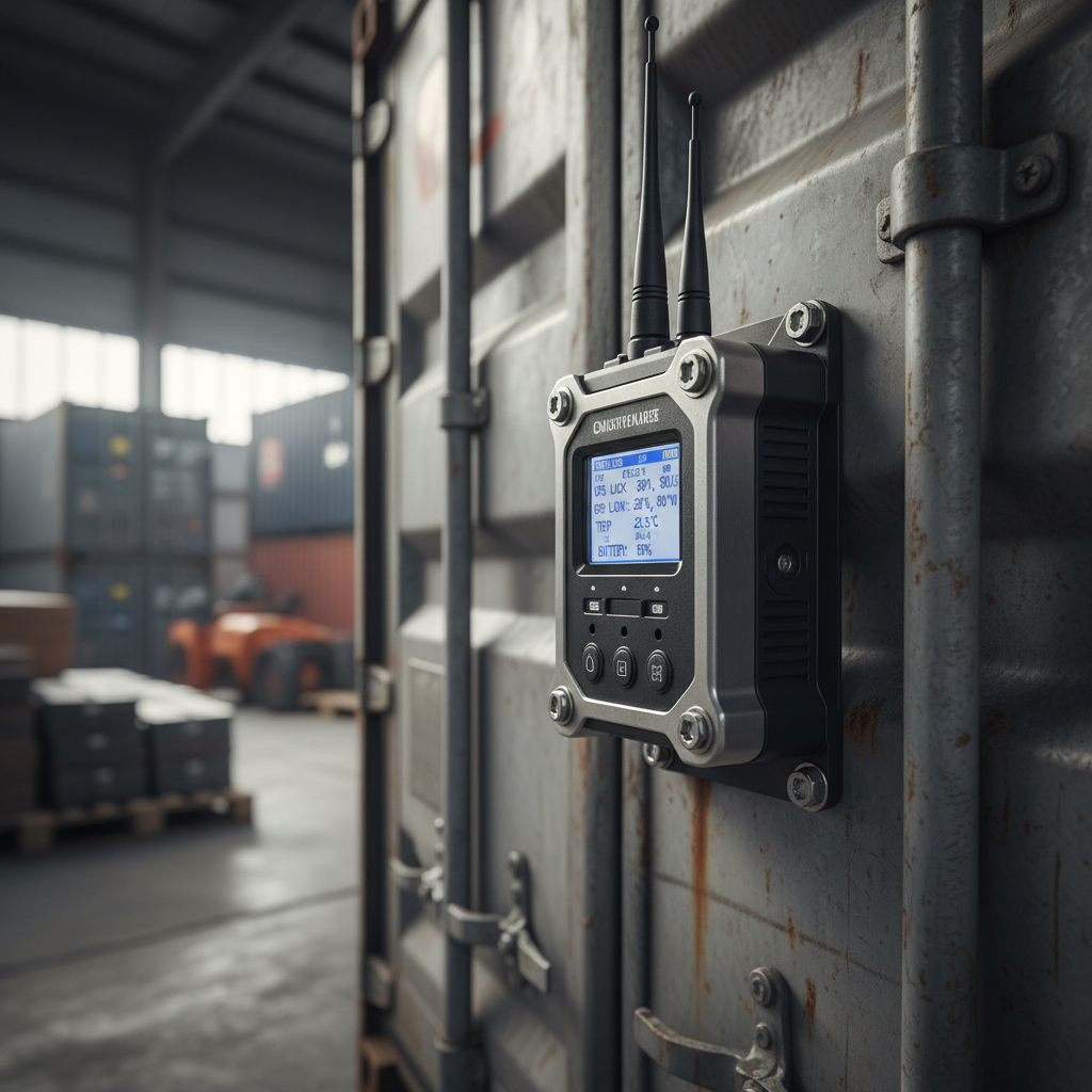 Close up of a durable sensor device for lte-m asset tracking installed on industrial equipment in a warehouse.