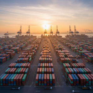 Wide view of a busy shipping port using lte-m asset tracking to manage thousands of containers under natural sunlight.
