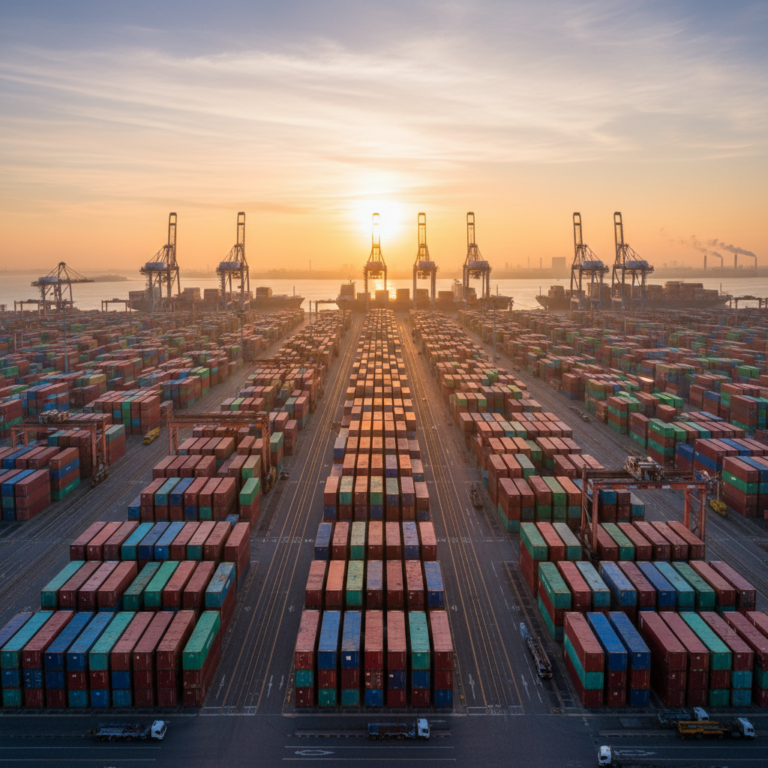 Wide view of a busy shipping port using lte-m asset tracking to manage thousands of containers under natural sunlight.