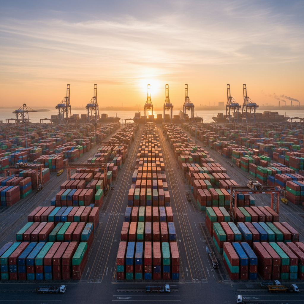 Wide view of a busy shipping port using lte-m asset tracking to manage thousands of containers under natural sunlight.